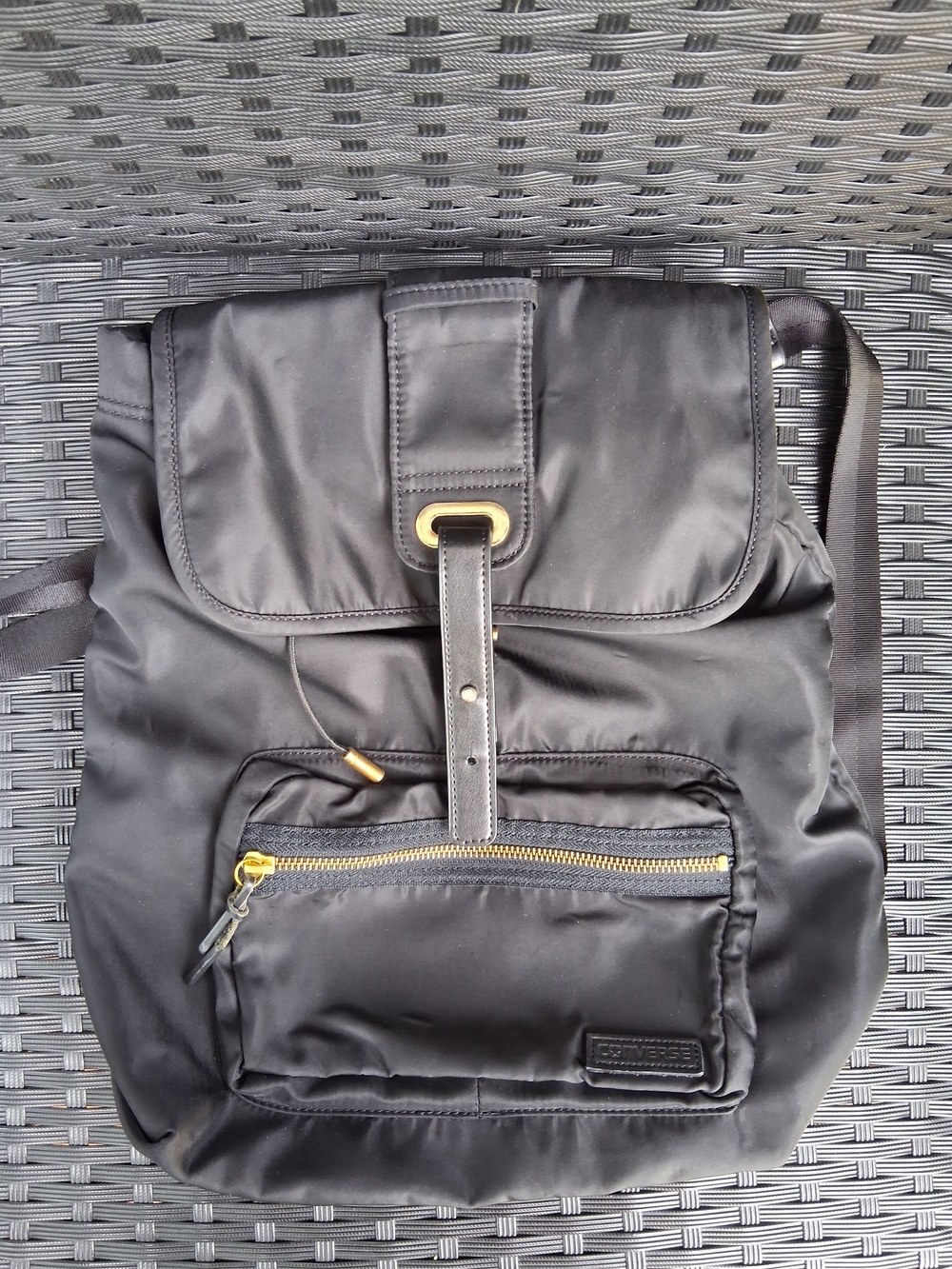 Converse Black Nylon Flap Backpack with Gold Hardware